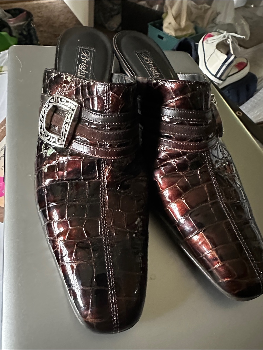 Brighton Women's Croc-Embossed Slip-On Mules in Dark Brown with Silver Buckle
